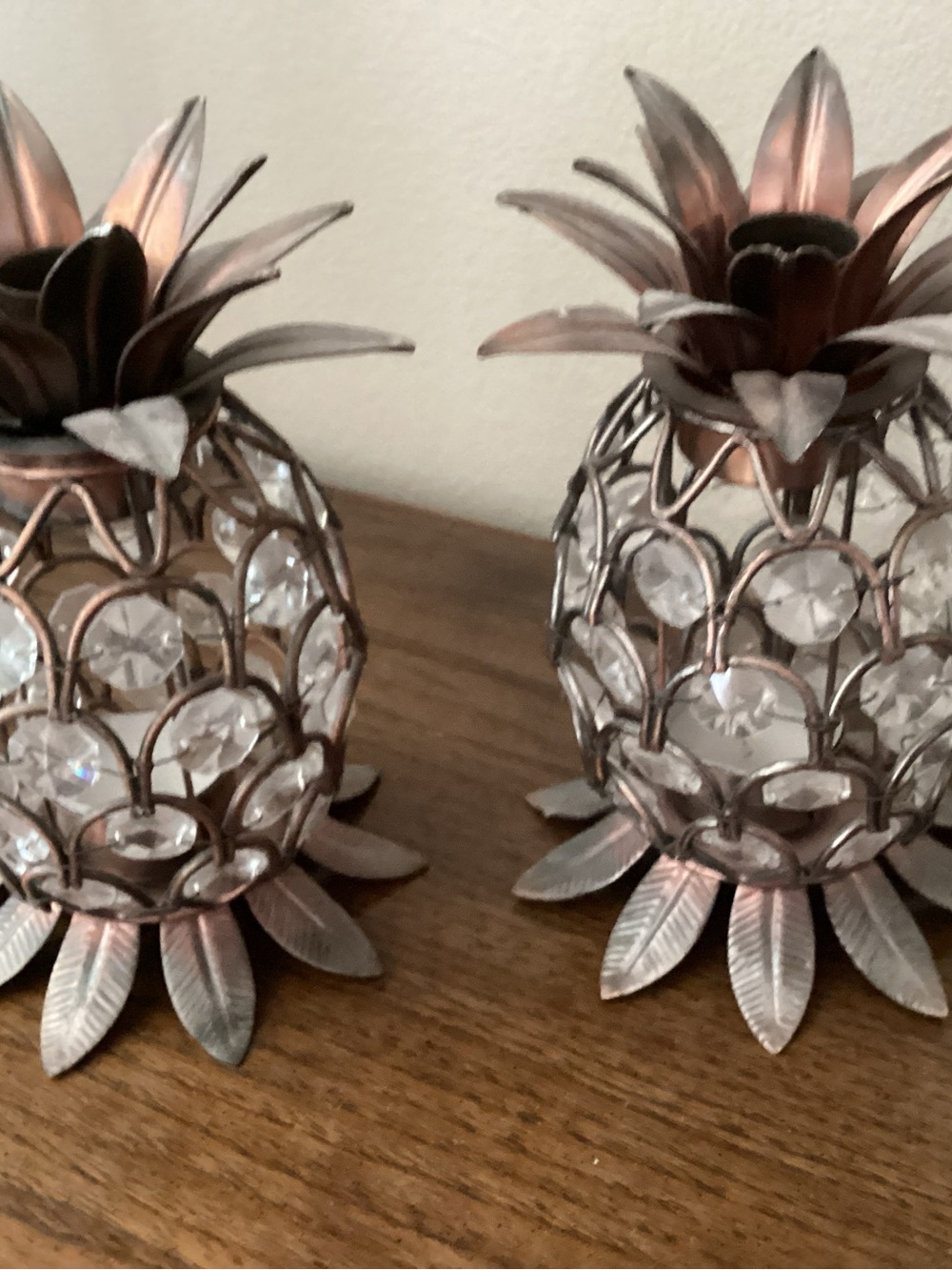 Copper colored metal & glass Pineapple Candle Holders - Pair